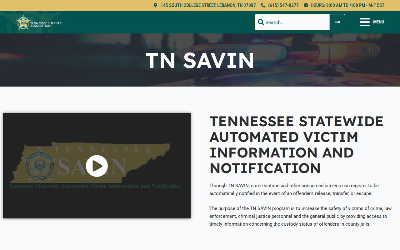 Tennessee SAVIN instructions for Morgan County arrest custody checks