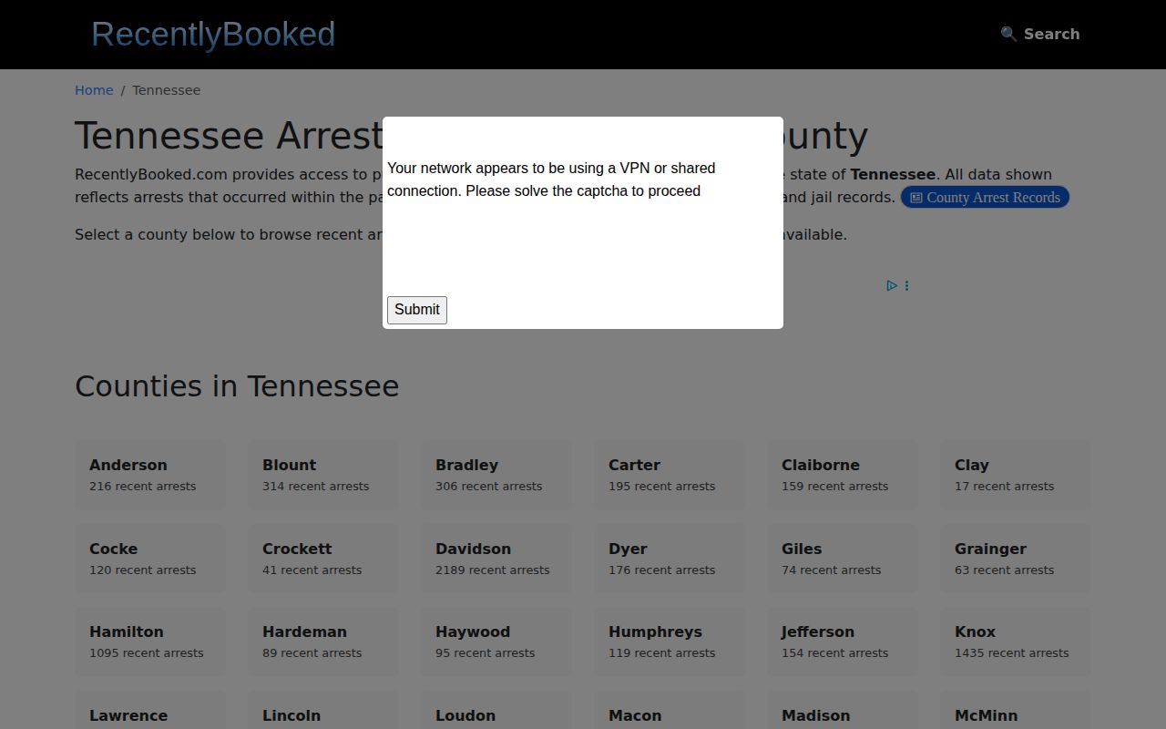 Private Tennessee arrest directory without verified Oakdale coverage